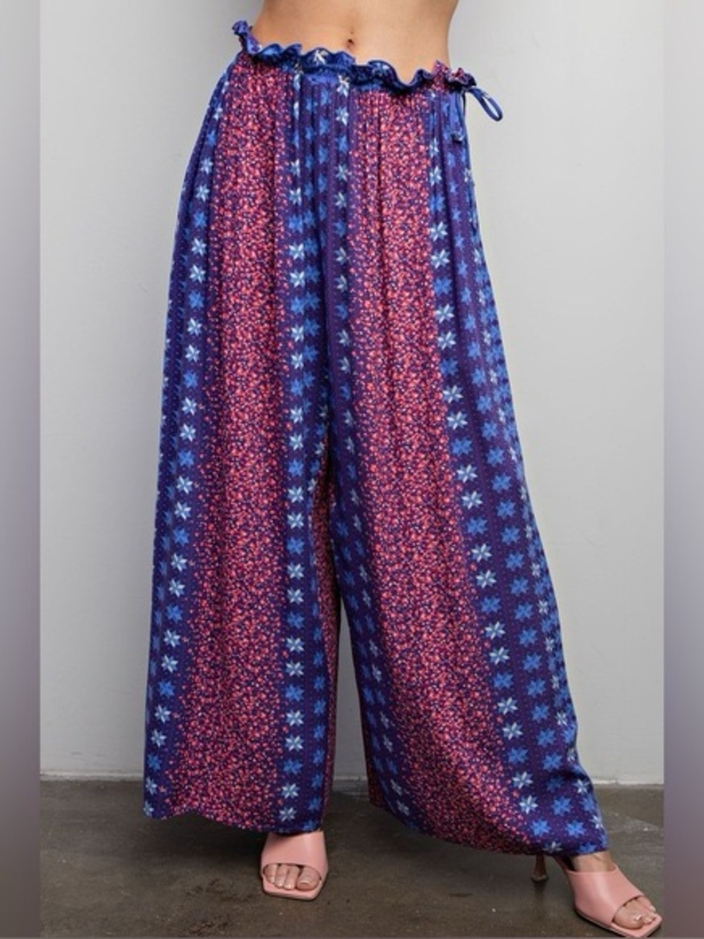 Easel Floral Print Wide Leg Pants Adjustable Waist Bohemian Hippie Large Boho